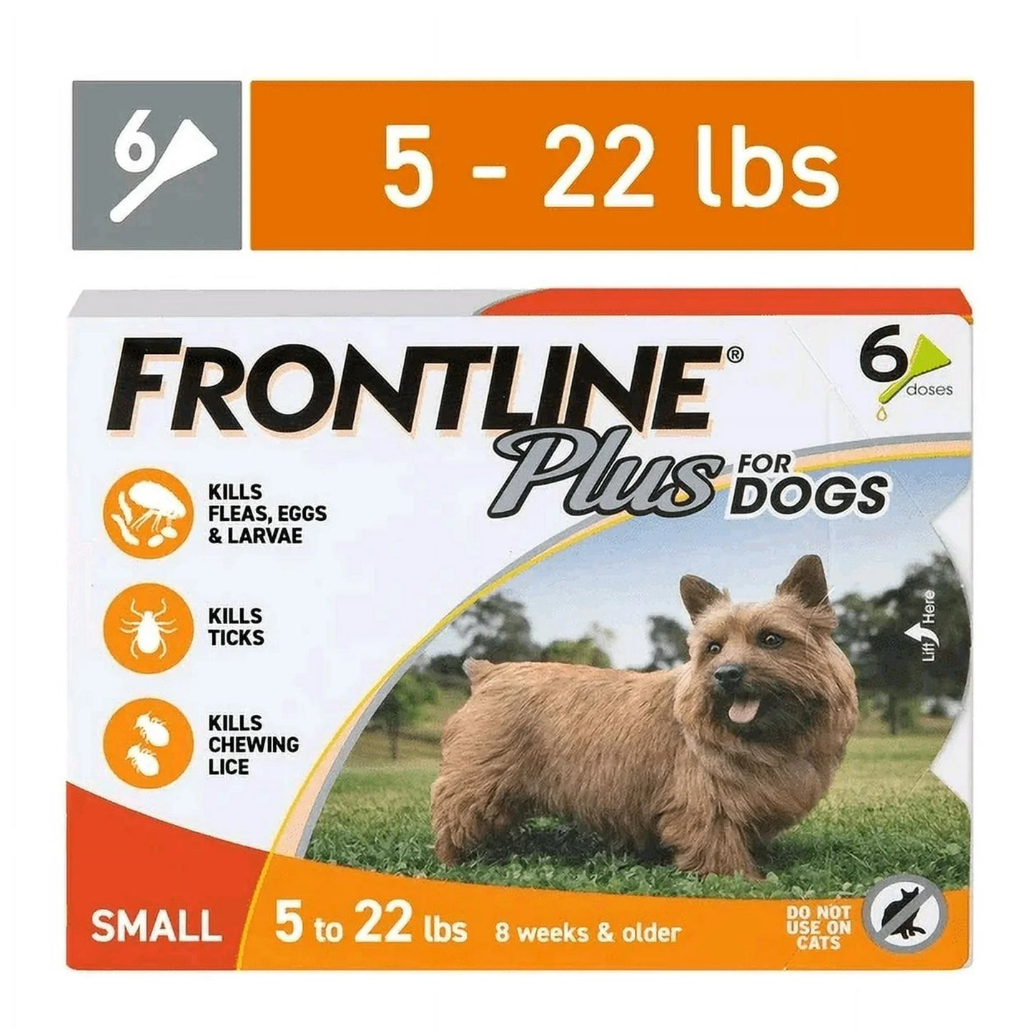 FRO*NTLINE Treatment Plus for Dogs FleaTick Treatment, Small Dog, 5-22 lbs, Orange Box, 6 CT